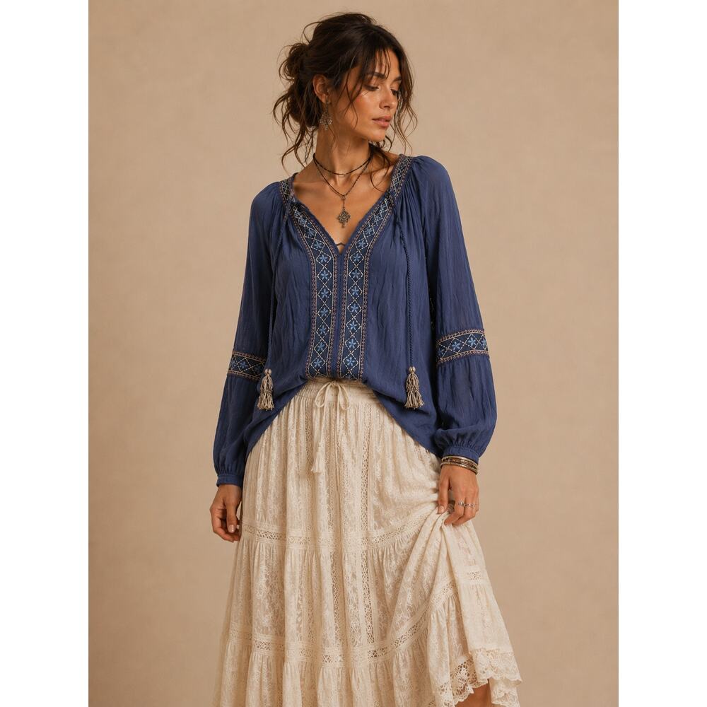 Knox Rose Boho Peasant Blouse Womens Small Blue Embroidered Gypsy Shirt